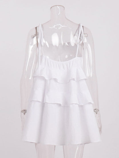 Mini-robes taille haute amples, dos nu, plissées, superposées, couleur unie, nouées, col spaghetti 