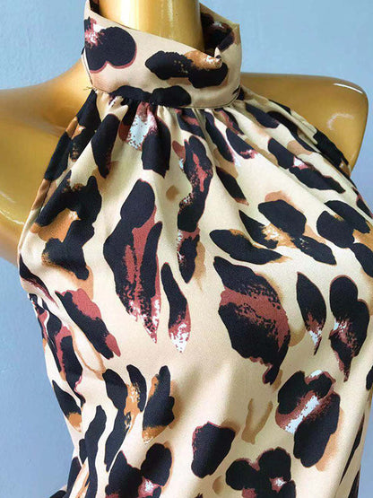 Haut sans manches ample à dos nu et à volants, style léopard plissé, col licou fendu 