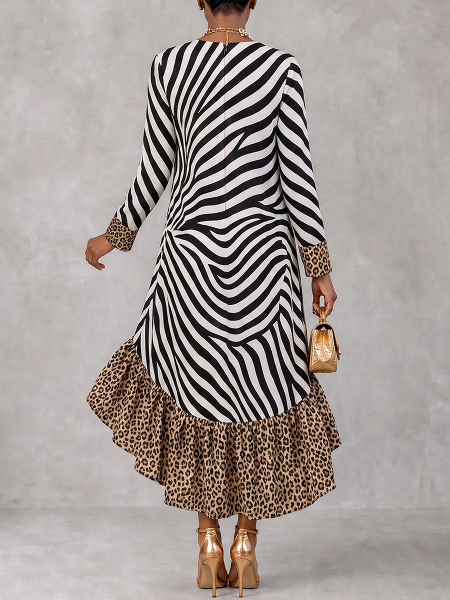 Zipper Split-Joint Ruffled Printed Leopard Loose High-low V-neck Midi Dresses