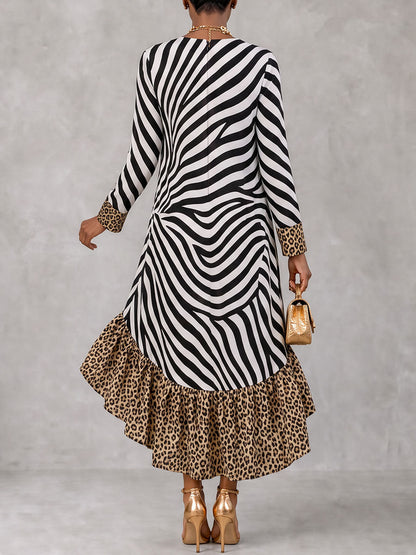 Zipper Split-Joint Ruffled Printed Leopard Loose High-low V-neck Midi Dresses