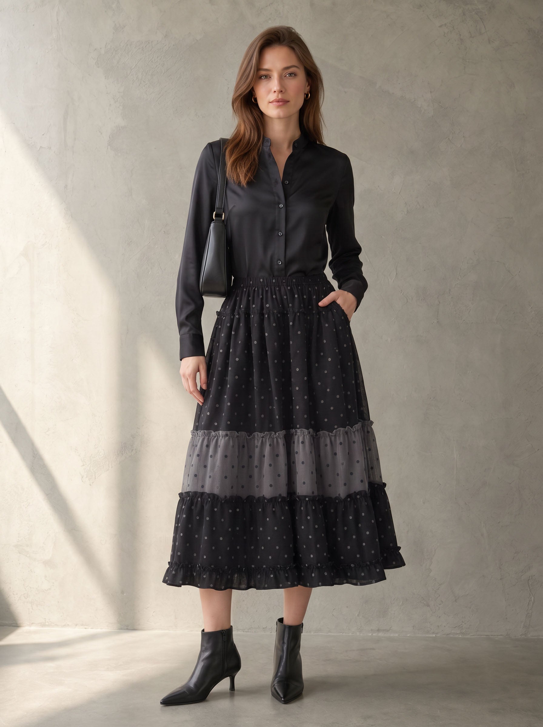 Split-Joint Ruffle Trim Polka-Dot Elasticity Contrast Color Loose A-line Skirts