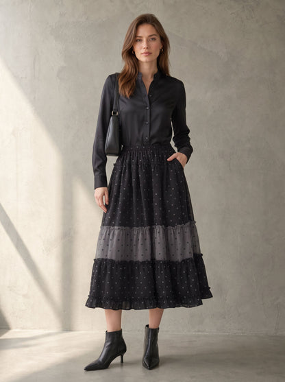 Split-Joint Ruffle Trim Polka-Dot Elasticity Contrast Color Loose A-line Skirts