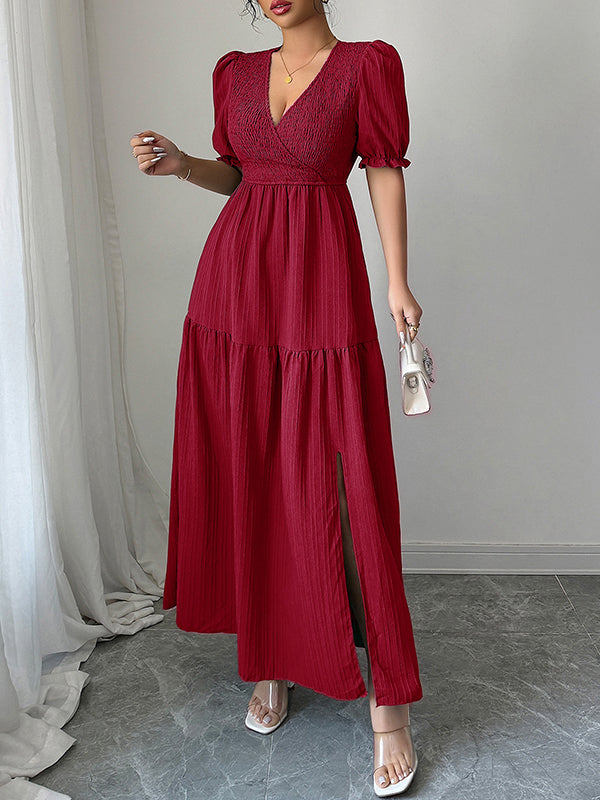 Half Sleeves High Waisted Pleated Solid Color Split-Front V-Neck Maxi Dresses