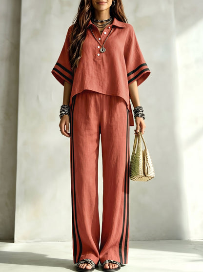 Striped Split-side Contrast Color Buttoned Loose High-low Lapel Blouses&shirts Tops