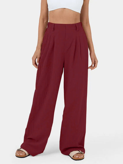 Loose Wide Leg Pleated Solid Color Split-Joint Pants Trousers BURGUNDY