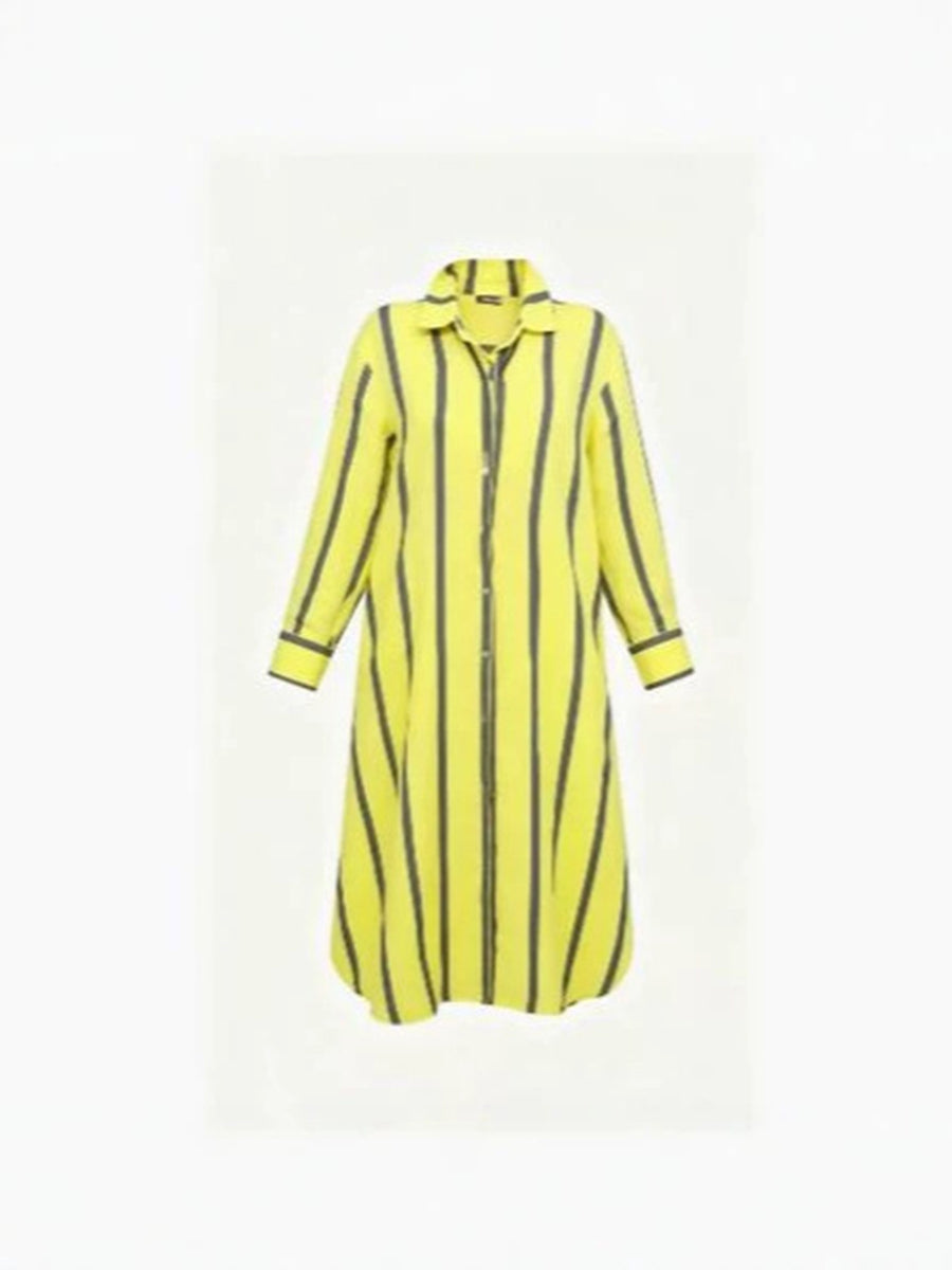 Striped Contrast Color Buttoned Loose High-low Lapel Blouses&shirts Tops