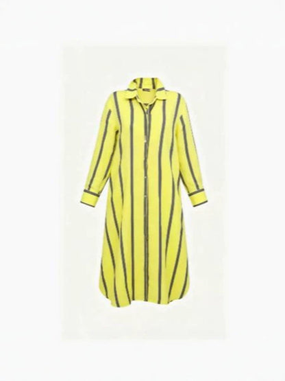 Striped Contrast Color Buttoned Loose High-low Lapel Blouses&shirts Tops