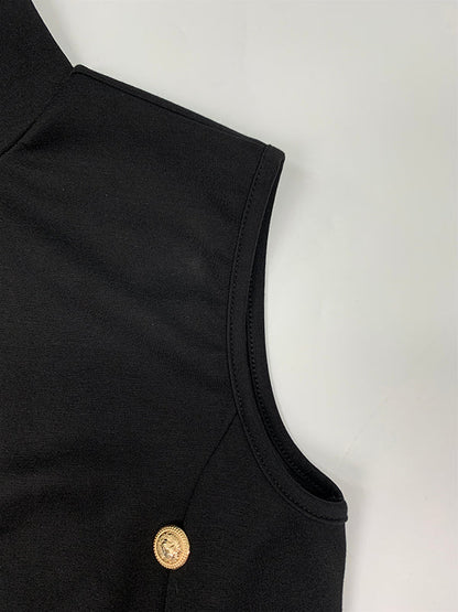 Robe longue moulante sans manches, boutonnée, couleur unie, fendue sur les côtés, col haut 