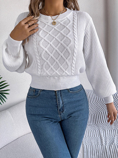 Elasticated Waist Long Sleeves Cable Knit Solid Color Round-Neck Knit Top Sweater Tops