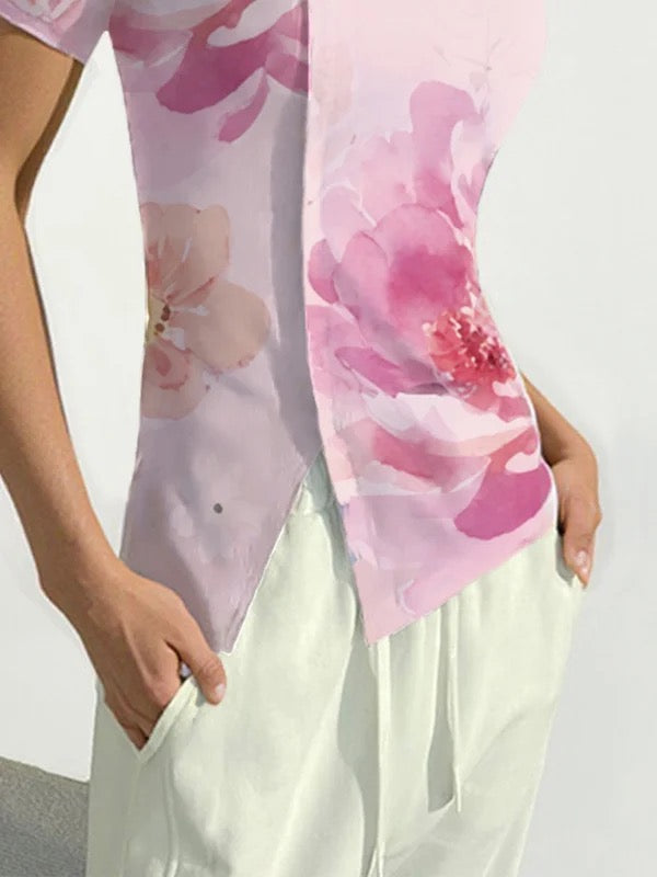 Short Sleeves Skinny Flower Print Split-Front Round-Neck T-Shirts Tops