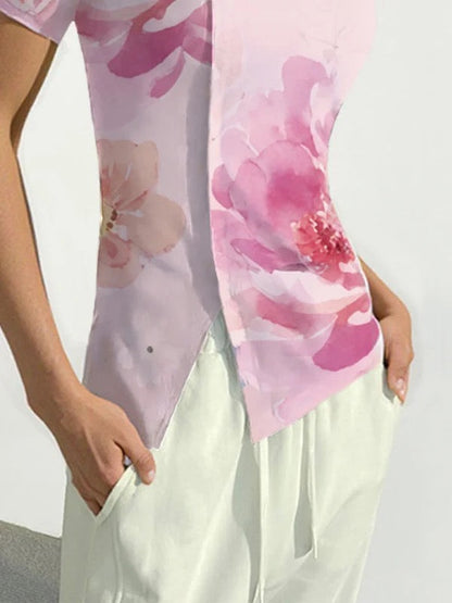 Short Sleeves Skinny Flower Print Split-Front Round-Neck T-Shirts Tops