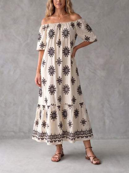 A-Line Half Sleeves Elasticity Pleated Printed Ruffle Trim Split-Joint Off-The-Shoulder Maxi Dresses