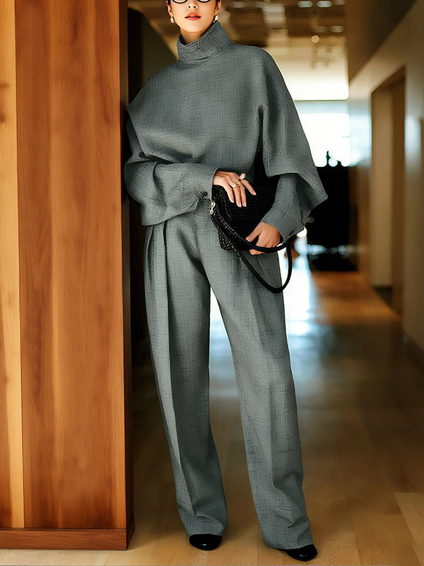 Loose Raglan Sleeve Solid Color Split-Joint High Neck Blouses&Shirts Tops