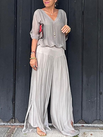 Olive | Women's V-Neck Batwing Sleeve Wide Leg Jumpsuit 2 Piece