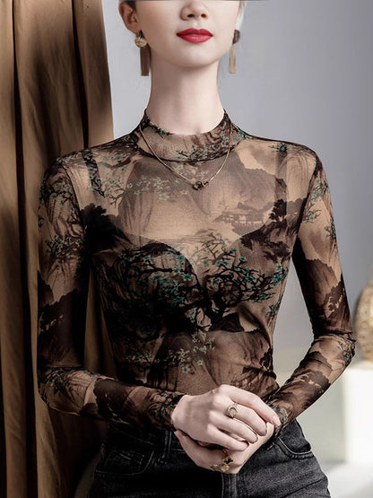 Long Sleeves Plus Size Asymmetric Mesh See-Through Split-Joint Round-Neck T-Shirts Tops