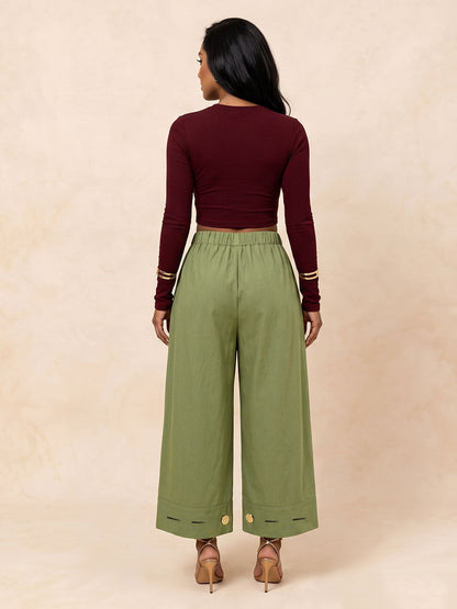 Solid Color Pockets Pleated Elasticity Buttoned Wide Leg Loose Trousers Pants