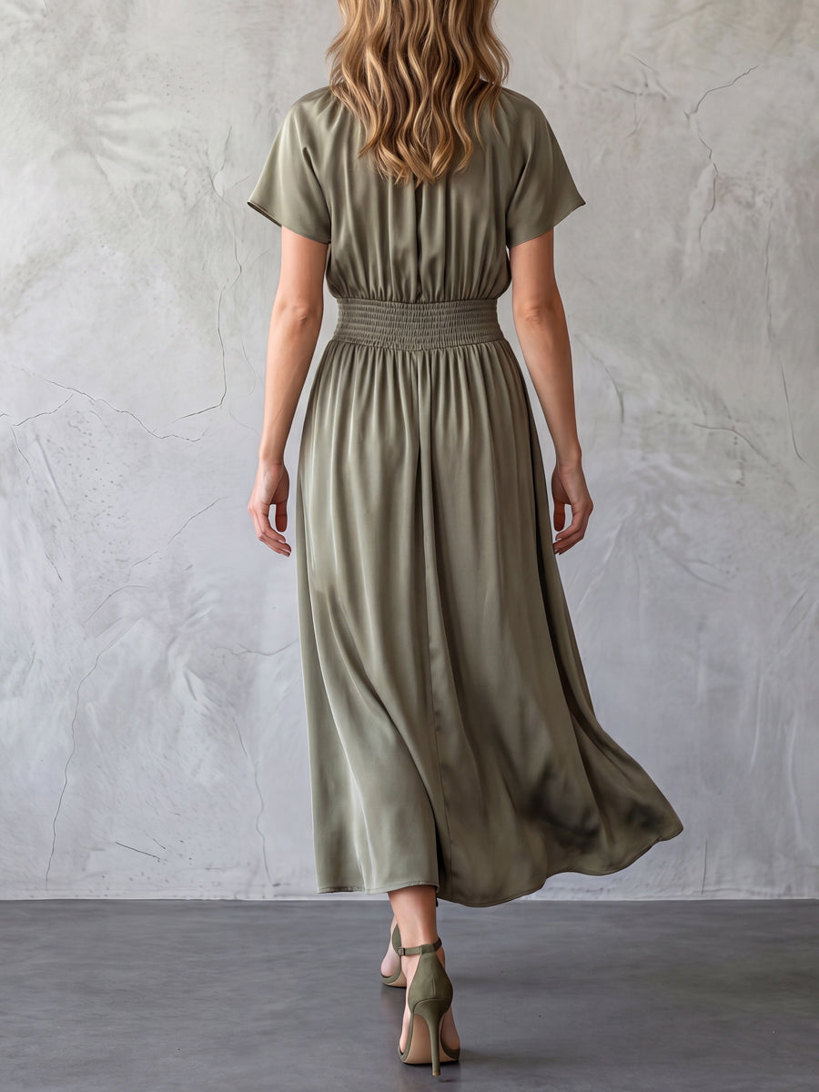 Batwing Sleeves High Waisted Elasticity Solid Color Round-Neck Maxi Dresses