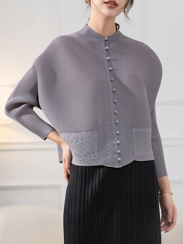 Manteau ample à manches longues, poches plissées boutonnées, couleur unie, col rond 