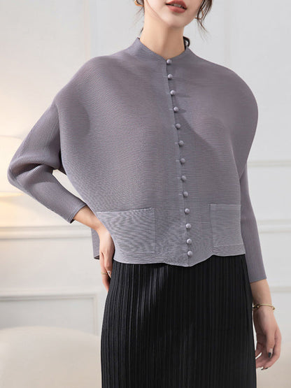 Manteau ample à manches longues, poches plissées boutonnées, couleur unie, col rond 