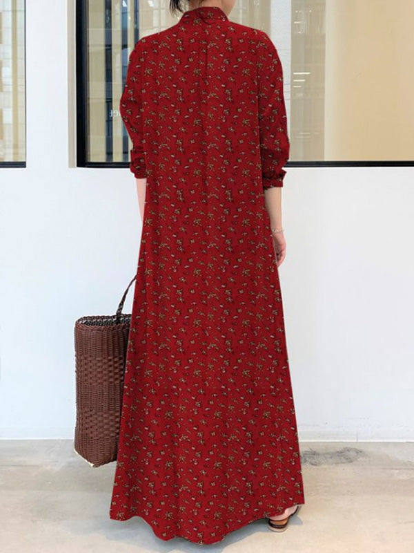 Vintage Printed Lapel Long Sleeve Shirt Maxi Dress