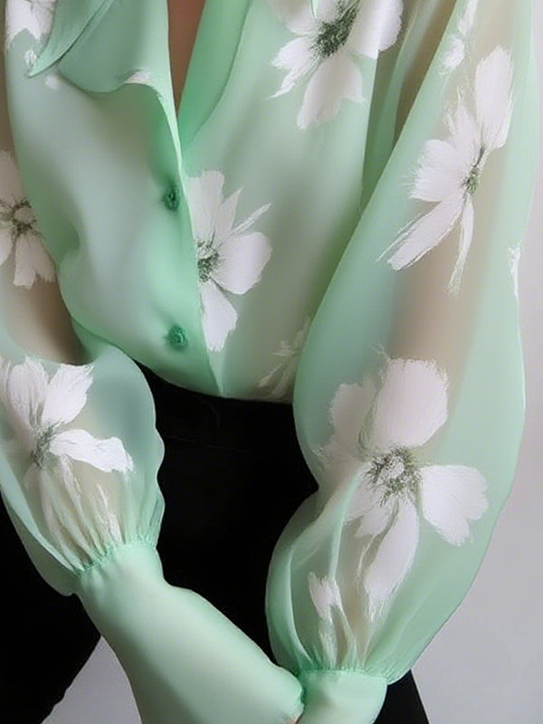 Puff Sleeves Floral Printed Gauze Pleated See-Through Split-Joint Lapel Blouses&Shirts Tops