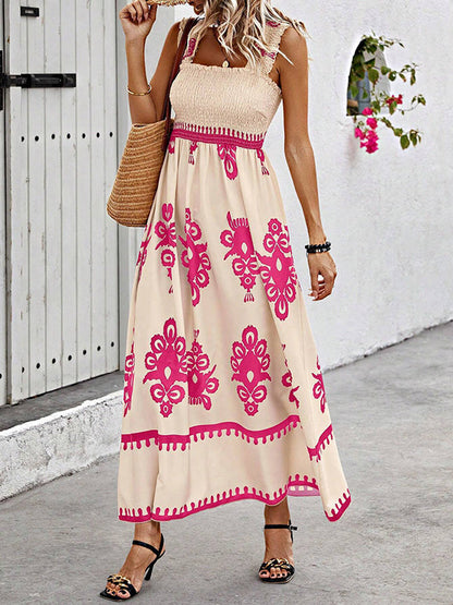 A-Line Loose Elasticity Pleated Printed Split-Joint Square-Neck Maxi Dresses