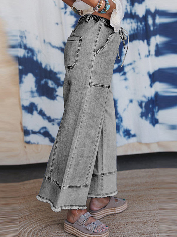 High Waisted Loose Drawstring Fringed Pockets Solid Color Jean Pants Bottoms
