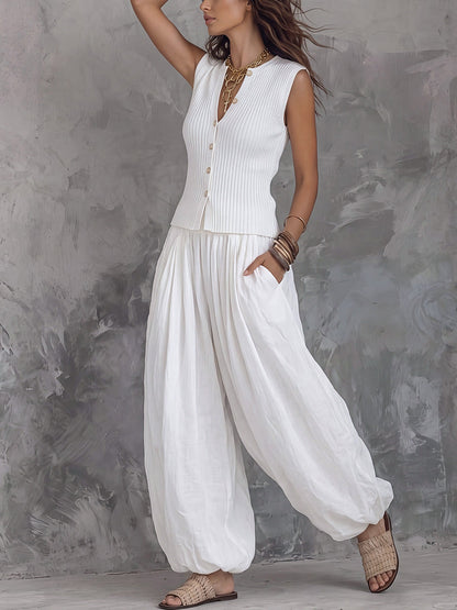 Loose Sleeveless Buttoned Ribbed Knit Solid Color V-Neck Vest Top