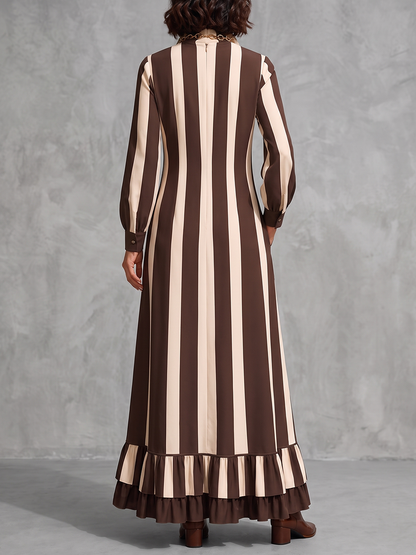 Zipper Striped Ruffled Pockets Contrast Color Loose Long Sleeves Stand Collar Maxi Dresses