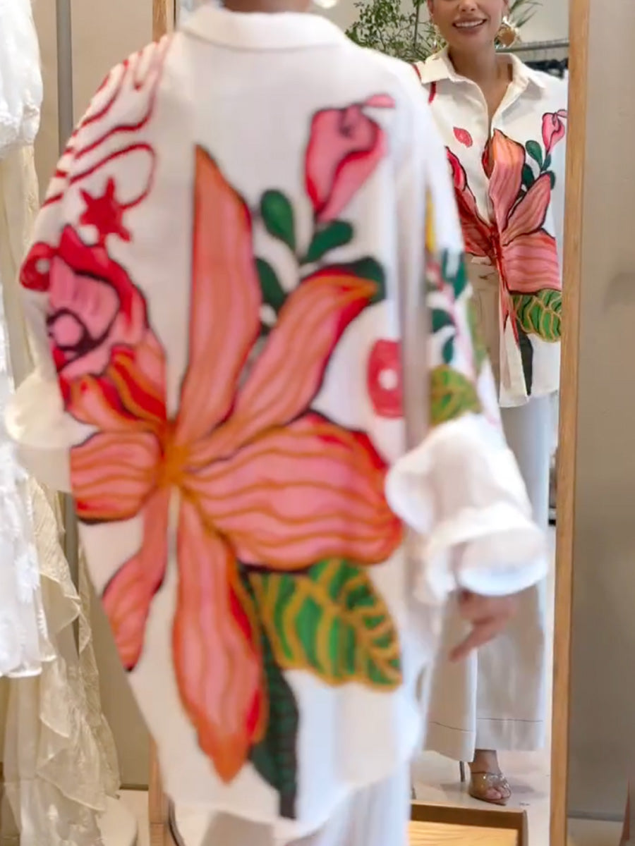 Flared Sleeves High-Low Buttoned Contrast Color Flower Print Lapel Blouses&Shirts Tops