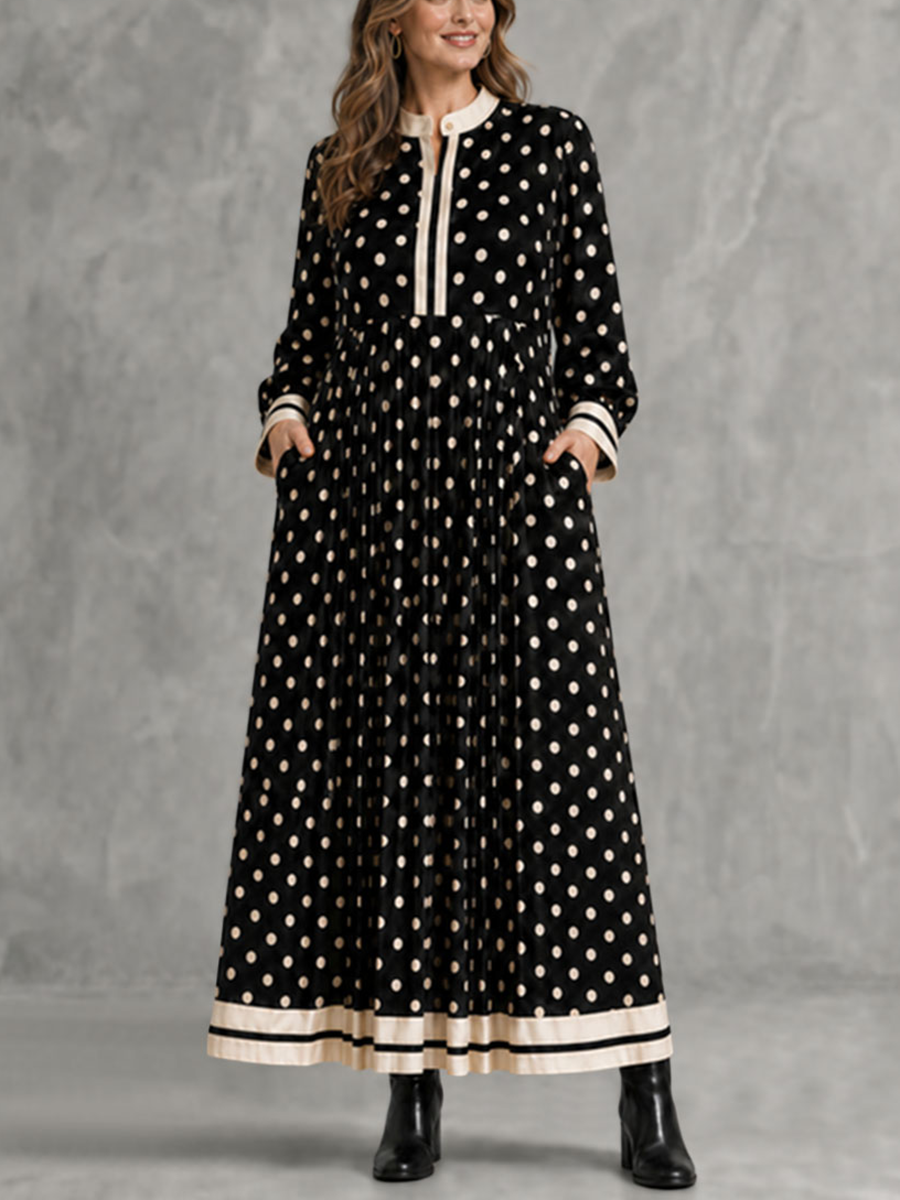 Zipper Split-Joint Polka-Dot Pockets Contrast Color Buttoned Loose Long Sleeves Round-neck Maxi Dresses