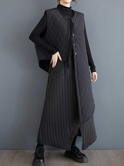 Gilet ample sans manches, asymétrique, boutonné, matelassé, couleur unie, col rond, rembourré 