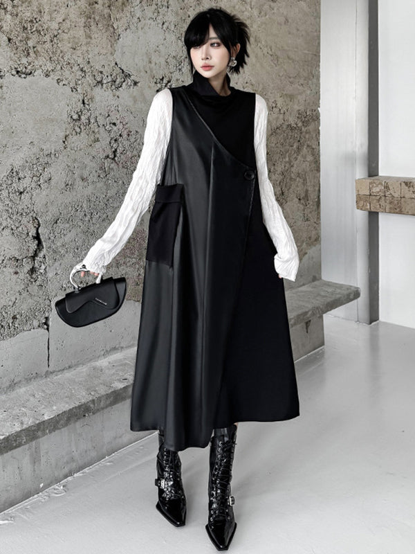 Irregularity Loose Asymmetric Buttoned Solid Color Split-Joint High Neck Midi Dresses