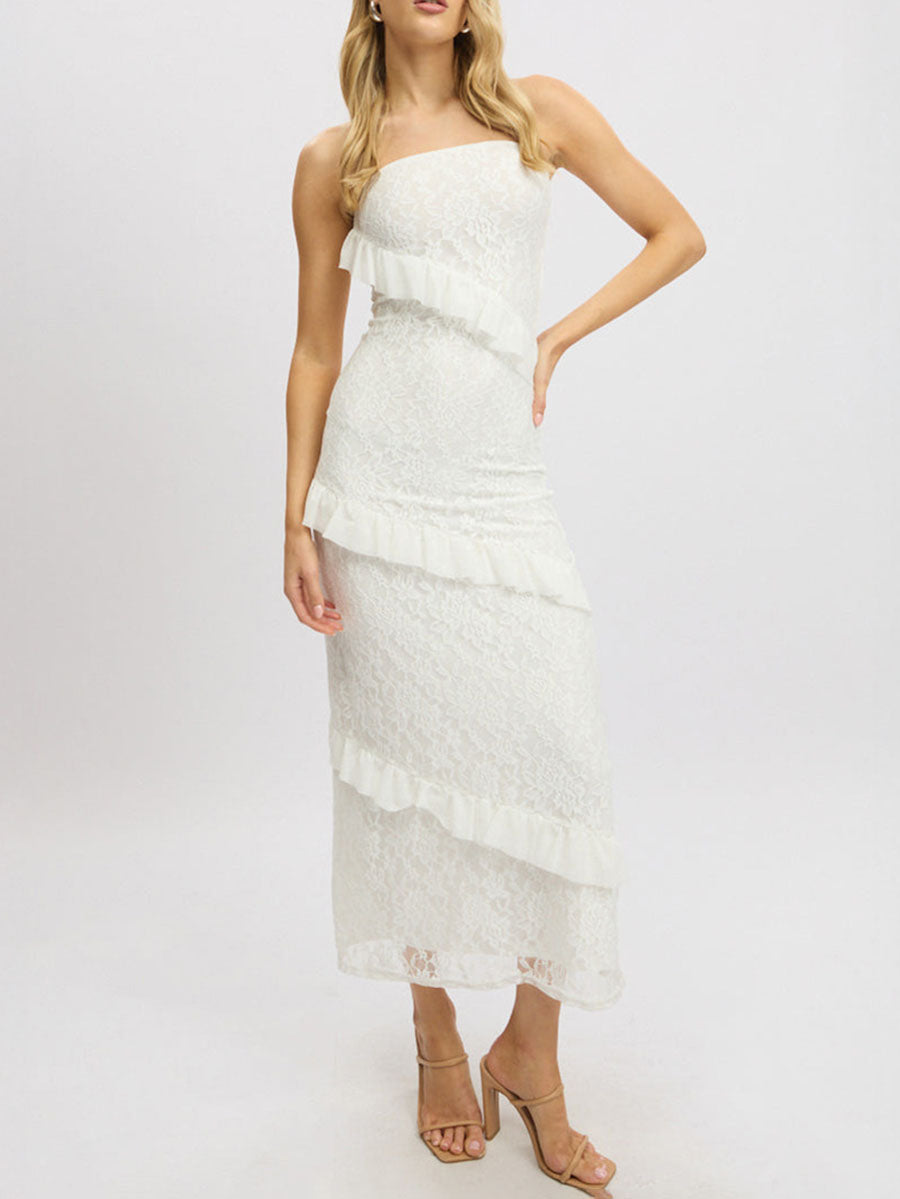 A-Line Bodycon Ruffled Solid Color Split-Joint Tube Midi Dresses