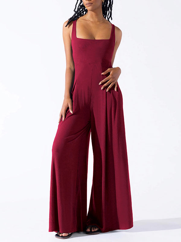 Loose Sleeveless Pleated Solid Color Spaghetti-Neck Jumpsuits