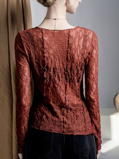 Irregularity Long Sleeves See-Through Split-Joint Textured Round-Neck T-Shirts Tops