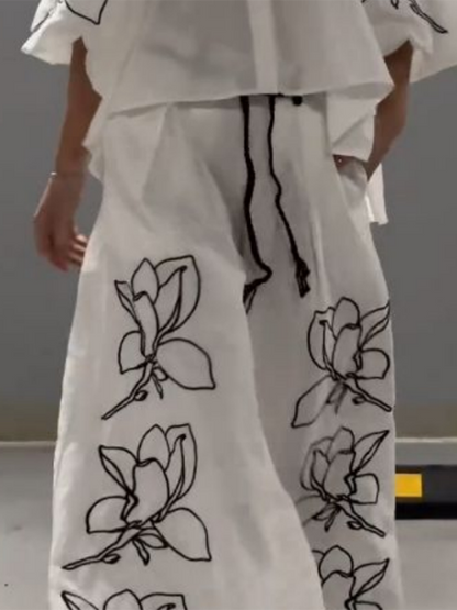 Loose Wide Leg Drawstring Flower Print Casual Pants Bottoms Trousers