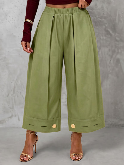 Solid Color Pockets Pleated Elasticity Buttoned Wide Leg Loose Trousers Pants