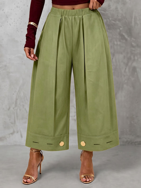 Solid Color Pockets Pleated Elasticity Buttoned Wide Leg Loose Trousers Pants