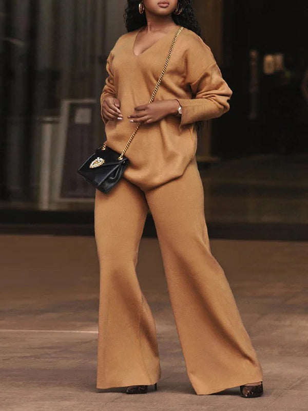 Long Sleeves Loose Solid Color V-Neck Pullovers