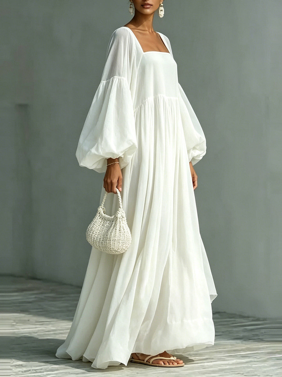 Zipper Split-Joint Solid Color Elasticity Backless Puff Sleeves Loose Square-neck Maxi Dresses