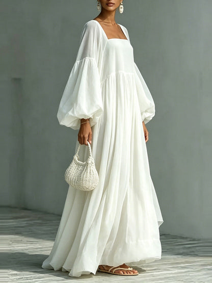 Zipper Split-Joint Solid Color Elasticity Backless Puff Sleeves Loose Square-neck Maxi Dresses