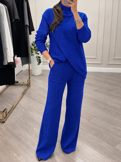 Solid Color Ribbed Knit Stand Collar Long Sleeves Asymmetric Sweater Tops + Wide Leg Trousers Pants Two Pieces Set