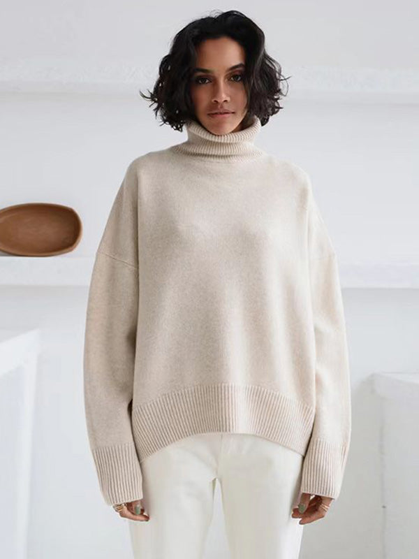 Casual Long Sleeves Loose Solid Color High-Neck Sweater Tops LIGHT APRICOT
