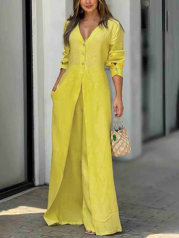 High Waisted Long Sleeves Buttoned Pockets Solid Color V-Neck Jumpsuits