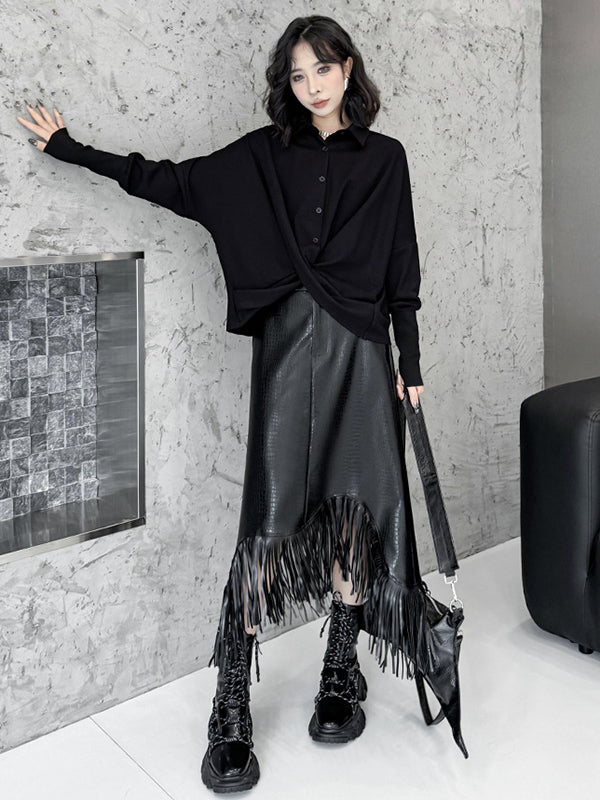 Hipster Irregularity Buttoned Solid Color Twist Lapel Collar Blouses&Shirts Tops