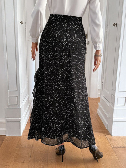 A-Line High Waisted Contrast Color Layered Polka-Dot Ruffled Split-Joint Skirts Bottoms