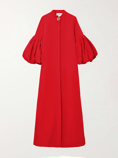 Loose Flower Shape Solid Color Stand Collar Lantern Sleeves Maxi Dresses