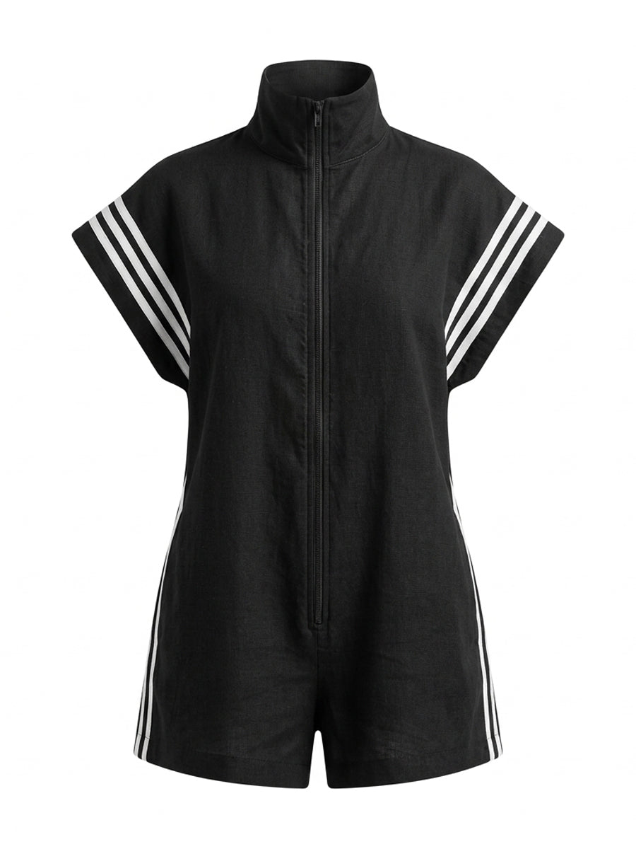 Loose Short Sleeves Pockets Solid Color Zipper Stand Collar Rompers