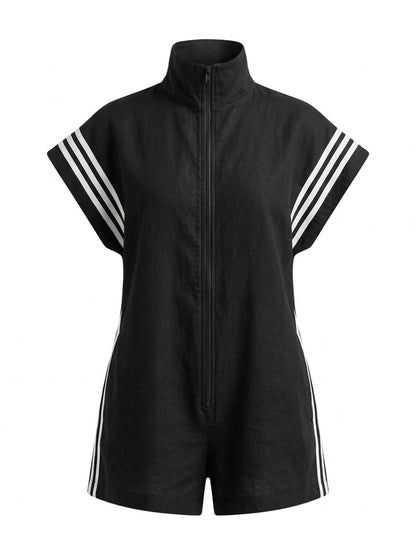 Loose Short Sleeves Pockets Solid Color Zipper Stand Collar Rompers